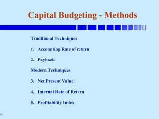 10
Capital Budgeting - Methods
Traditional Techniques
1. Accounting Rate of return
2. Payback
Modern Techniques
3. Net Present Value
4. Internal Rate of Return
5. Profitability Index
 