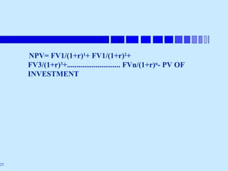 25
NPV= FV1/(1+r)1
+ FV1/(1+r)2
+
FV3/(1+r)3
+............................ FVn/(1+r)n
- PV OF
INVESTMENT
 