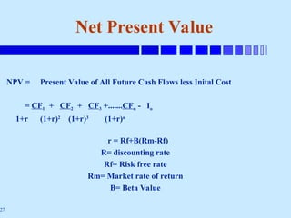 27
Net Present Value
NPV = Present Value of All Future Cash Flows less Inital Cost
= CF1 + CF2 + CF3 +.......CFn - Io
1+r (1+r)2
(1+r)3
(1+r)n
r = Rf+B(Rm-Rf)
R= discounting rate
Rf= Risk free rate
Rm= Market rate of return
B= Beta Value
 