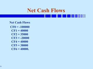 56
Net Cash Flows
Net Cash Flows
CF0 = -100000
CF1 = 40000
CF2 = 35000
CF3 = -20000
CF4 = 40000
CF5 = 38000
CF6 = 40000.
 