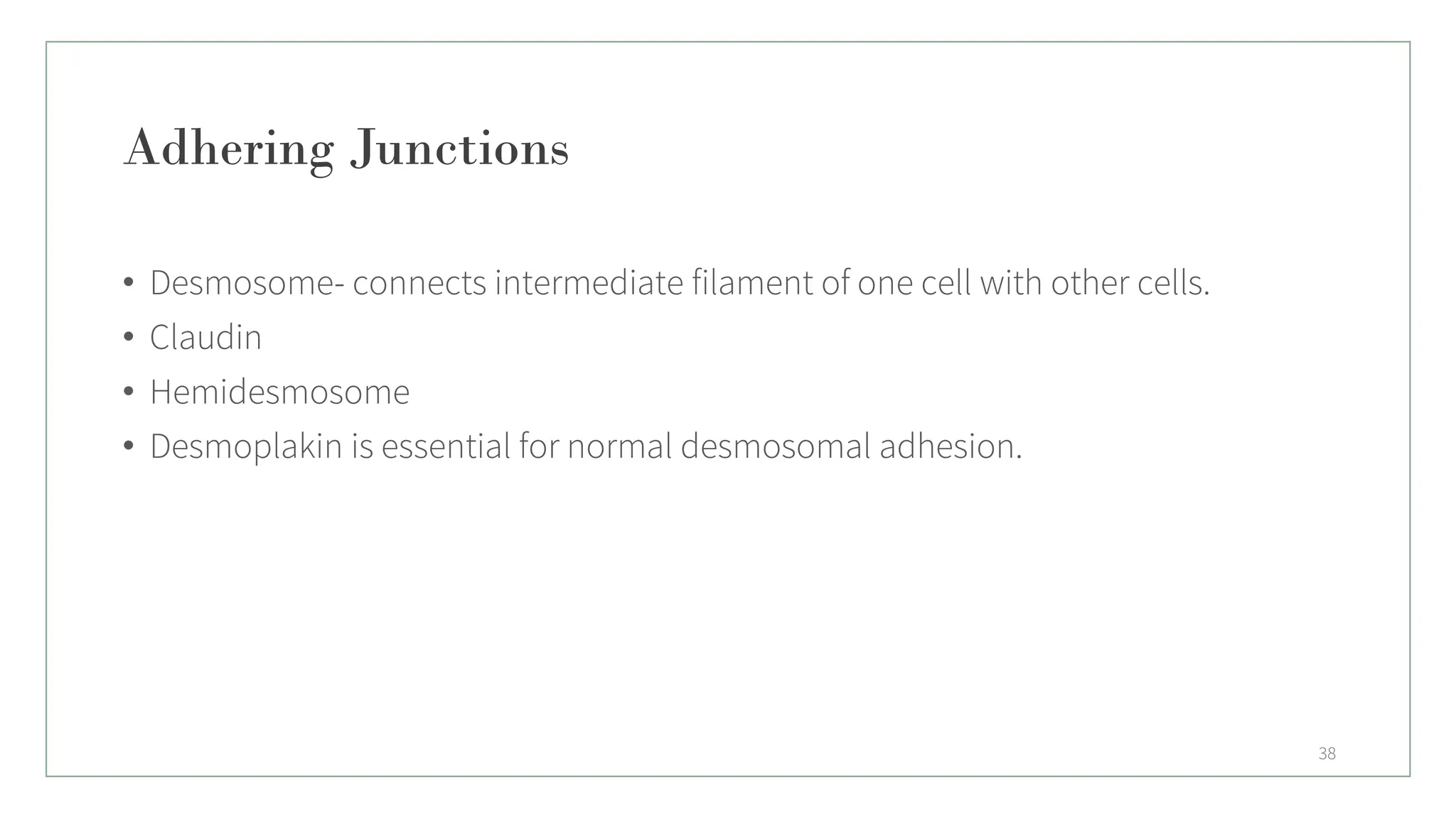Adhering Junctions
• Desmosome- connects intermediate filament of one cell with other cells.
• Claudin
• Hemidesmosome
• Desmoplakin is essential for normal desmosomal adhesion.
38
 