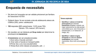 IV JORNADA DE RECERCA DE BSA
Enquesta de necessitats
• Els ítems de l’enquesta van ser validats prèviament per familiars
de l’associació ViuTEA
• Població diana: Va ser enviada a tots els adolescents atesos als
CSMIJs (350): pares i adolescents
• 193 respostes (86% pares/mares, 13.5% joves TEA;
Gènere: 75% masculí, 25% femení)
• Els resultats van ser debatuts pel Grup motor per determinar la
priorització de transicions
• 4 transicions van ser preseleccionades:
1-Anar sol/a a l’escola caminant
2- Anar sol/a a l’escola en transport públic
3-Primer dia a una nova escola/institut
4-Temps lliure entre classes (al passadís, pati…)
Badalona, 13 de novembre de 2025 Innovació que inspira: ciència amb propòsit i mirada comunitària
Temes explorats:
• Identificar i valorar el nivell de
preocupació per diverses
transicions dirigides a assolir una
major autonomia en la vida escolar i
comunitària (p.ex. anar d’excursió, a
extraescolars, a un restaurant, al
metge, etc)
• Identificar i valorar el grau
d’impacte de diferents factors
moduladors (com sorolls,
imprevistos, llocs molt concorreguts,
etc)
 