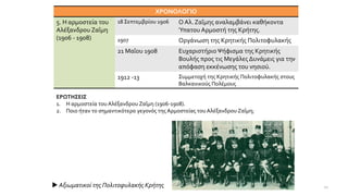 ΧΡΟΝΟΛΟΓΙΟ
5. Η αρμοστεία του
Αλέξανδρου Ζαΐμη
(1906 - 1908)
18 Σεπτεμβρίου 1906 Ο Αλ. Ζαΐμης αναλαμβάνει καθήκοντα
Ύπατου Αρμοστή της Κρήτης.
1907 Οργάνωση της Κρητικής Πολιτοφυλακής
21 Μαΐου 1908 Ευχαριστήριο Ψήφισμα της Κρητικής
Βουλής προς τις Μεγάλες Δυνάμεις για την
απόφαση εκκένωσης του νησιού.
1912 -13 Συμμετοχή της Κρητικής Πολιτοφυλακής στους
Βαλκανικούς Πολέμους
ΕΡΩΤΗΣΕΙΣ
1. Η αρμοστεία του Αλέξανδρου Ζαΐμη (1906-1908).
2. Ποιο ήταν το σημαντικότερο γεγονός της Αρμοστείας του Αλέξανδρου Ζαΐμη;
 Αξιωματικοί της Πολιτοφυλακής Κρήτης 11
 