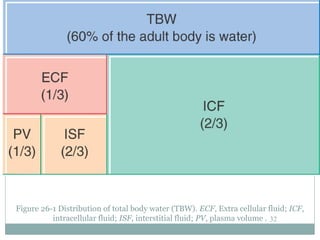 32
Figure 26-1 Distribution of total body water (TBW). ECF, Extra cellular fluid; ICF,
intracellular fluid; ISF, interstitial fluid; PV, plasma volume .
 