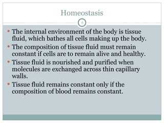 Homeostasis
6
 The internal environment of the body is tissue
fluid, which bathes all cells making up the body.
 The composition of tissue fluid must remain
constant if cells are to remain alive and healthy.
 Tissue fluid is nourished and purified when
molecules are exchanged across thin capillary
walls.
 Tissue fluid remains constant only if the
composition of blood remains constant.
 