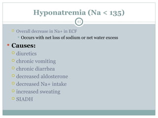 Hyponatremia (Na < 135)
61
 Overall decrease in Na+ in ECF
 Occurs with net loss of sodium or net water excess
 Causes:
 diuretics
 chronic vomiting
 chronic diarrhea
 decreased aldosterone
 decreased Na+ intake
 increased sweating
 SIADH
 