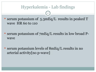 Hyperkalemia - Lab findings
67
 serum potassium of 5.3mEq/L results in peaked T
wave HR 60 to 110
 serum potassium of 7mEq/L results in low broad P-
wave
 serum potassium levels of 8mEq/L results in no
arterial activity[no p-wave]
 