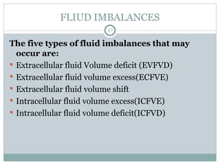 FLIUD IMBALANCES
87
The five types of fluid imbalances that may
occur are:
 Extracellular fluid Volume deficit (EVFVD)
 Extracellular fluid volume excess(ECFVE)
 Extracellular fluid volume shift
 Intracellular fluid volume excess(ICFVE)
 Intracellular fluid volume deficit(ICFVD)
 