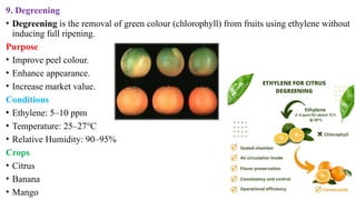 9. Degreening
• Degreening is the removal of green colour (chlorophyll) from fruits using ethylene without
inducing full ripening.
Purpose
• Improve peel colour.
• Enhance appearance.
• Increase market value.
Conditions
• Ethylene: 5–10 ppm
• Temperature: 25–27°C
• Relative Humidity: 90–95%
Crops
• Citrus
• Banana
• Mango
 
