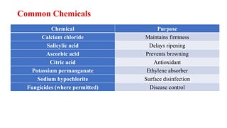 Common Chemicals
Chemical Purpose
Calcium chloride Maintains firmness
Salicylic acid Delays ripening
Ascorbic acid Prevents browning
Citric acid Antioxidant
Potassium permanganate Ethylene absorber
Sodium hypochlorite Surface disinfection
Fungicides (where permitted) Disease control
 