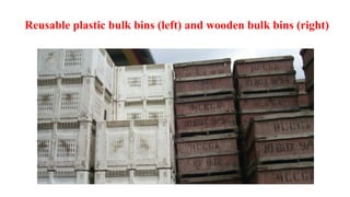 Reusable plastic bulk bins (left) and wooden bulk bins (right)
 