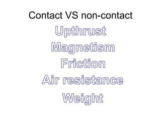 Contact VS non-contactUpthrustMagnetismFrictionAir resistanceWeight