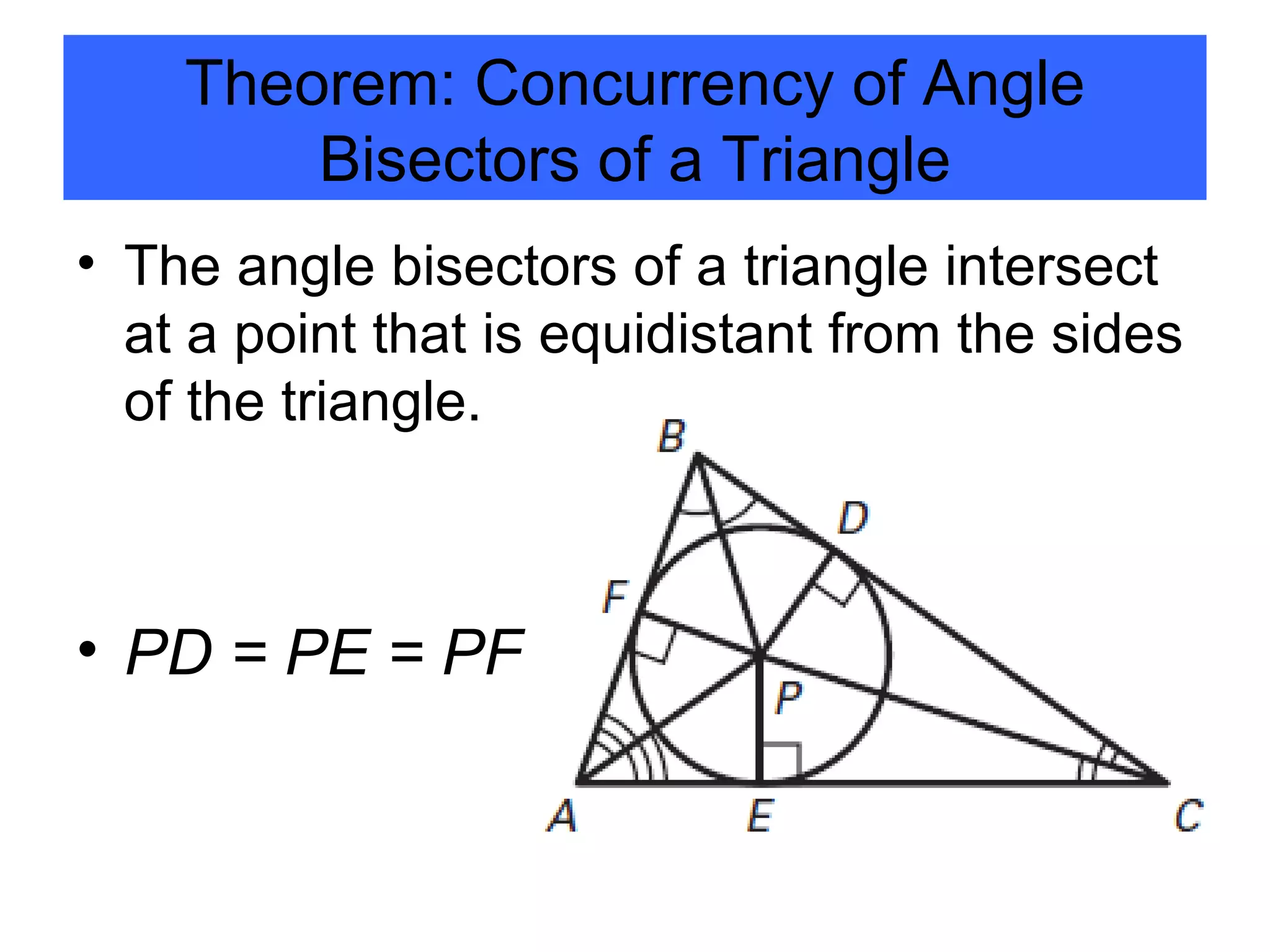 The angle bisectors of a triangle intersect at a point that is equidistant from the sides of the triangle. PD = PE = PF Theorem: Concurrency of Angle Bisectors of a Triangle 