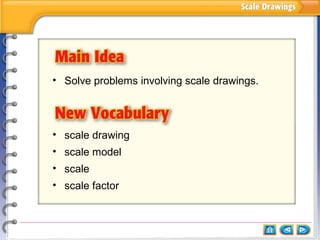 • Solve problems involving scale drawings.




• scale drawing
• scale model
• scale
• scale factor
 