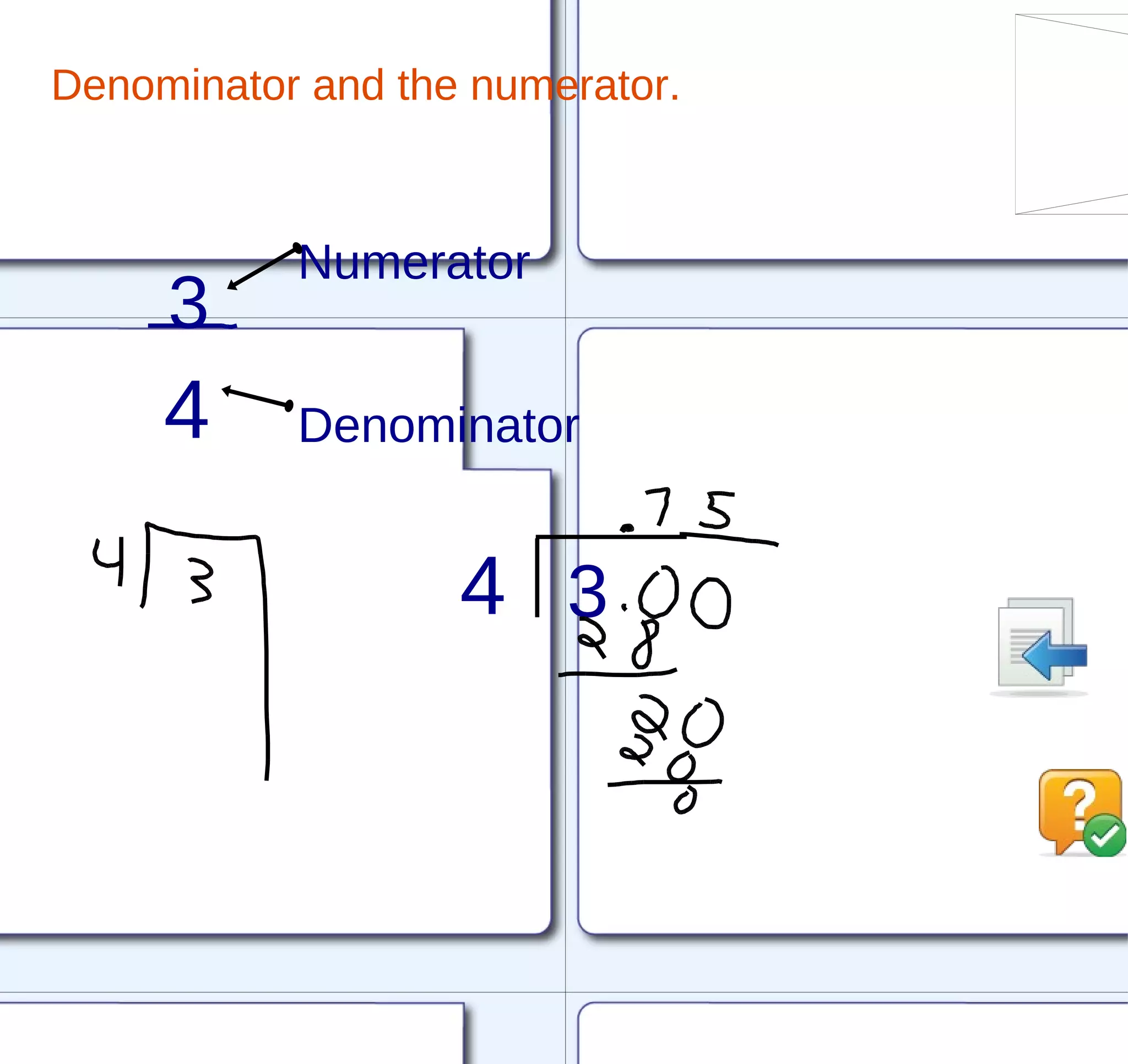 Denominator and the numerator. 3 Numerator 4 Denominator 3 4 