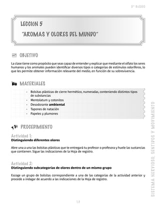 5º BÁSICO




       LECCIóN 5
        “AROMAS Y OLORES DEL MUNDO”


è     OBJETIVO
La clase tiene como propósito que seas capaz de entender y explicar que mediante el olfato los seres
humanos y los animales pueden identificar diversos tipos o categorías de estímulos odoríferos, lo
que les permite obtener información relevante del medio, en función de su sobrevivencia.



Á     MATERIALES
           -   Bolsitas plásticas de cierre hermético, numeradas, conteniendo distintos tipos
               de substancias
           -   Mentolatum y cotonitos




                                                                                                        SI ST EM A N E R V I O SO, S EN T I D O S Y M O V I M I E N T O
           -   Desodorante ambiental
           -   Tapones de natación
           -   Papeles y plumones



U      PROCEDIMIENTO
Actividad 1:
Distinguiendo diferentes olores

Abre una a una las bolsitas plásticas que te entregará tu profesor o profesora y huele las sustancias
que contienen. Sigue las indicaciones de la Hoja de registro.



Actividad 2:
Distinguiendo subcategorías de olores dentro de un mismo grupo

Escoge un grupo de bolsitas correspondiente a una de las categorías de la actividad anterior y
procede a indagar de acuerdo a las indicaciones de la Hoja de registro.




                                                 
 