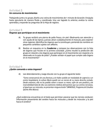 LIBRO DEL ESTUDIANTE


Actividad 2:
Un concurso de movimientos

Trabajando junto a tu grupo, diseña una rutina de movimientos de 1 minuto de duración. Ensáyala
hasta ejecutarla de manera fluida y coordinada. Una vez logrado lo anterior, analiza la rutina
aprendida y responde las preguntas de la Hoja de registro.



Actividad 3:
Órganos que participan en el movimiento

          A)   Tu grupo recibirá una pierna de pollo fresca, sin piel. Obsérvenla con atención y
               con ayuda de las tijeras y pinzas abran cuidadosamente el músculo, para exponer
               otras regiones. Identifica los órganos que la constituyen, poniendo los nombres en
               pequeños cartelitos sujetos con alfileres.
          B)   Realiza un esquema en tu Cuaderno y compara tus observaciones con la lista
               de órganos que hiciste en la primera actividad. ¿Cómo resultó la predicción del
               grupo en relación a los órganos que participan en el movimiento con respecto a lo
               observado en la pata de pollo? ¿Puedes señalar el papel que cumple cada órgano
               en el movimiento?



Actividad 4:
¿Quién comanda a estos órganos?

          A)   Lee detenidamente y luego discute con tu grupo el siguiente texto:
          	    “Como	consecuencia	de	una	fractura	y	sin	haber	podido	ser	trasladada	de	urgencia	a	un	
               centro	hospitalario,	la	señora	María	quedó	con	un	nervio	de	su	mano	derecha	cortado.	
               Desde	entonces,	ella	no	ha	podido	volver	a	mover	su	mano,	sufre	de	una	parálisis	y	de	
               insensibilidad	total	de	ella.	Los	exámenes	médicos	demuestran	que	sus	centros	nerviosos,	
               al	igual	que	sus	músculos,	no	presentan	ninguna	lesión”	(MINEDUC,	Programa	de	Estudios	
               Quinto	Año	Básico).


        ¿Qué evidencias encuentras en el texto que permitan aseverar que los nervios conducen
        información proveniente del cerebro hacia los músculos y desde los músculos y la piel
        hacia el cerebro?




                                                 
 