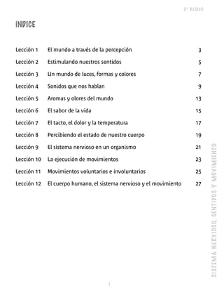 5º BÁSICO


ÍNDICE


Lección 1    El mundo a través de la percepción                            3

Lección 2    Estimulando nuestros sentidos                                 5

Lección 3    Un mundo de luces, formas y colores                           7

Lección 4    Sonidos que nos hablan                                        9

Lección 5    Aromas y olores del mundo                                    13

Lección 6    El sabor de la vida                                          15

Lección 7    El tacto, el dolor y la temperatura                          17

Lección 8    Percibiendo el estado de nuestro cuerpo                      19




                                                                                 S I ST E M A N E RV IO S O, SE NT ID O S Y M O V I M I E N T O
Lección 9    El sistema nervioso en un organismo                          21

Lección 10   La ejecución de movimientos                                  23

Lección 11   Movimientos voluntarios e involuntarios                      25

Lección 12   El cuerpo humano, el sistema nervioso y el movimiento        27




                                       
 