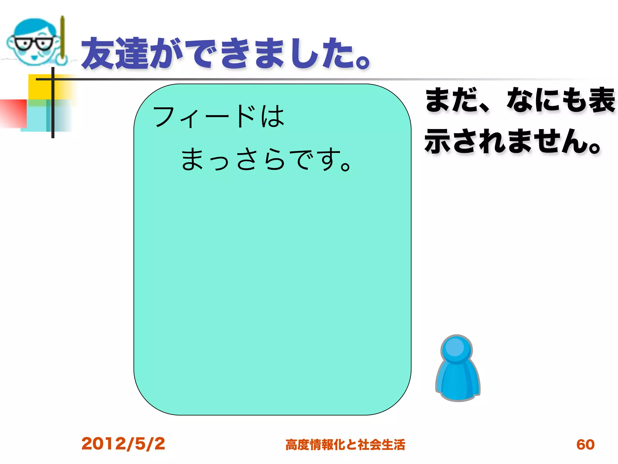 友達ができました。
                           まだ、なにも表
      フィードは
                           示されません。
           まっさらです。




2012/5/2      高度情報化と社会生活        60
 