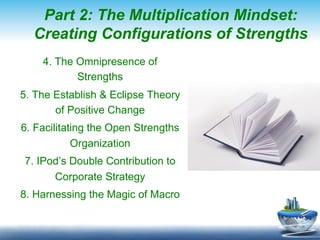 Part 2: The Multiplication Mindset:
  Creating Configurations of Strengths
    4. The Omnipresence of
           Strengths
5. The Establish & Eclipse Theory
       of Positive Change
6. Facilitating the Open Strengths
            Organization
7. IPod’s Double Contribution to
      Corporate Strategy
8. Harnessing the Magic of Macro
 