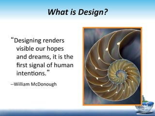 What	
  is	
  Design?	
  


“Designing	
  renders	
  
  visible	
  our	
  hopes	
  
  and	
  dreams,	
  it	
  is	
  the	
  
  ﬁrst	
  signal	
  of	
  human	
  
  inten9ons.”	
  
-­‐-­‐William	
  McDonough	
  
	
  


                                                   13	
  
 