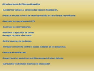 Otras Funciones del Sistema Operativo-Aceptar los trabajos y conservarlos hasta su finalización.-Detectar errores y actuar de modo apropiado en caso de que se produzcan.-Controlar las operaciones de E/S.-Controlar las interrupciones.-Planificar la ejecución de tareas. -Entregar recursos a las tareas.-Retirar recursos de las tareas.-Proteger la memoria contra el acceso indebido de los programas. -Soportar el multiacceso.-Proporcionar al usuario un sencillo manejo de todo el sistema.-Aprovechar los tiempos muertos del procesador.