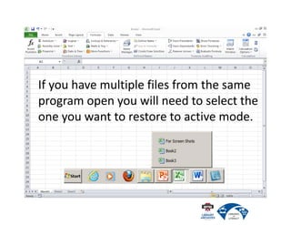 If you have multiple files from the same
program open you will need to select the
one you want to restore to active mode.
 
