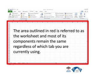The area outlined in red is referred to as
the worksheet and most of its
components remain the same
regardless of which tab you are
currently using.
 