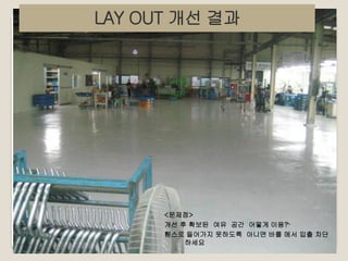 LAY OUT 개선 결과

<문제점>
개선 후 확보된 여유 공간 어떻게 이용?
휀스로 들어가지 못하도록 아니면 바를 메서 입출 차단
하세요

 