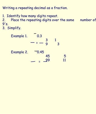 Writing a repeating decimal as a fraction. 1.  Identify how many digits repeat. 2. Place the repeating digits over the same number of 9's. 3.  Simplify. Example 1.  0.3 3  1 9   3 Example 2. 0.45 45  5 99 11 = = 