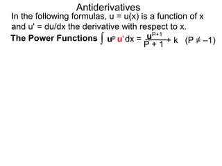 Antiderivatives 
In the following formulas, u = u(x) is a function of x 
and u' = du/dx is the derivative with respect to x. 
∫ uP+1 
The Power Functions up u'dx = 
(P ≠ –1) 
P + 1 
+ k 
 