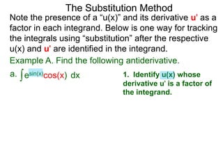 The Substitution Method 
Note the presence of a “u(x)” and its derivative u' as a 
factor in each integrand. Below is one way for tracking 
the integrals using “substitution” after the respective 
u(x) and u' are identified in the integrand. 
Example A. Find the following antiderivative. 
a. ∫esin(x)cos(x) dx 
1. Identify u(x) whose 
derivative u' is a factor of 
the integrand. 
 
