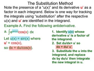 The Substitution Method 
Note the presence of a “u(x)” and its derivative u' as a 
factor in each integrand. Below is one way for tracking 
the integrals using “substitution” after the respective 
u(x) and u' are identified in the integrand. 
Example A. Find the following antiderivative. 
a. ∫esin(x)cos(x) dx 
1. Identify u(x) whose 
derivative u' is a factor of 
Let u(x) = sin(x) where the integrand. 
u' = cos(x), 2. Set du/dx= u' so 
so dx = du/cos(x). dx = du/ u'. 
3. Substitute the u into the 
integrand, and replace 
dx by du/u' then integrate 
the new integral in u. 
 