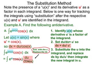 The Substitution Method 
Note the presence of a “u(x)” and its derivative u' as a 
factor in each integrand. Below is one way for tracking 
the integrals using “substitution” after the respective 
u(x) and u' are identified in the integrand. 
Example A. Find the following antiderivative. 
a. ∫esin(x)cos(x) dx 
1. Identify u(x) whose 
derivative u' is a factor of 
Let u(x) = sin(x) where the integrand. 
u' = cos(x), 2. Set du/dx= u' so 
so dx = du/cos(x). dx = du/ u'. 
3. Substitute the u into the 
integrand, and replace 
dx by du/u' then integrate 
the new integral in u. 
∫esin(x)cos(x) dx 
= ∫ eu cos(x) du 
Sub. with the u 
Replace the dx 
cos(x) 
 