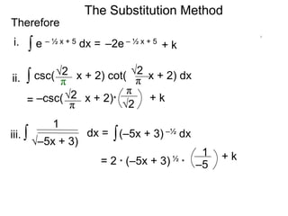The Substitution Method 
Therefore 
∫ e – ½ x + 5 dx = –2e – ½ x + 5 
+ k 
∫ csc( √ 2 x + 2) cot( x + 2) dx 
π 
√2 
π 
= –csc( x + 2)* √2 
π 
π √2 
+ k 
∫ dx = 
–5 
1 
i. 
ii. 
iii. ∫(–5x + 3) –½ dx 
√–5x + 3) 
= 2 * (–5x + 3) ½ * 
1 + k 
 