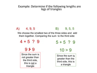 Example: Determine if the following lengths are
legs of triangles
A) 4, 9, 5
4 + 5 ? 9
9 > 9
We choose the smallest two of the three sides and add
them together. Comparing the sum to the third side:
B) 9, 5, 5
Since the sum is
not greater than
the third side,
this is not a
triangle
5 + 5 ? 9
10 > 9
Since the sum is
greater than the
third side, this is
a triangle
 