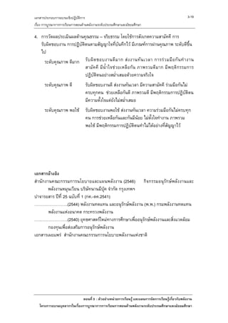 เอกสารประกอบการอบรมเชิงปฏิบัติการ                                                                     3-19
เรื่อง การบูรณาการการเรียนการสอนดานพลังงานระดับประถมศึกษาและมัธยมศึกษา

4. การวัดผลประเมินผลดานคุณธรรม – จริยธรรม โดยใชการสังเกตความสามัคคี การ
   รับผิดชอบงาน การปฏิบตตนตามสัญญาใจที่บันทึกไว มีเกณฑการผานคุณภาพ ระดับดีขึ้น
                       ั ิ
   ไป
     ระดับคุณภาพ ดีมาก รั บ ผิ ด ชอบงานดี ม าก ส ง งานทั น เวลา การร ว มมื อ กั น ทํ า งาน
                           สามัค คี มีน้ําใจช วยเหลื อกัน ภาพรวมดี มาก มี พ ฤติกรรมการ
                           ปฏิบัติตนอยางสม่ําเสมอดวยความจริงใจ
      ระดับคุณภาพ ดี                รับผิดชอบงานดี สงงานทันเวลา มีความสามัคคี รวมมือกันไม
                                    ครบทุกคน ชวยเหลือกันดี ภาพรวมดี มีพฤติกรรมการปฏิบติตนั
                                    มีความตั้งใจแตยังไมสม่ําเสมอ
      ระดับคุณภาพ พอใช             รับผิดชอบงานพอใช สงงานทันเวลา ความรวมมือกันไมครบทุก
                                    คน การชวยเหลือกันและกันมีนอย ไมตั้งใจทํางาน ภาพรวม
                                    พอใช มีพฤติกรรมการปฏิบัตตนทําไมไดอยางที่สัญญาไว
                                                             ิ




เอกสารอางอิง
สํานักงานคณะกรรมการนโยบายและแผนพลังงาน (2546) กิจกรรมอนุรักษพลังงานและ
        พลังงานหมุนเวียน บริษัทนานมีบุค จํากัด กรุงเทพฯ
ปาจารยสาร ปที่ 25 ฉบับที่ 1 (กค.-ตค.2541)
…………………….(2544) พลังงานทดแทน และอนุรักษพลังงาน (พ.พ.) กรมพลังงานทดแทน
        พลังงานแหงอนาคต กระทรวงพลังงาน
…………………….(2540) ยุทธศาสตรใหมทางการศึกษาเพื่ออนุรักษพลังงานและสิ่งแวดลอม
        กองทุนเพื่อสงเสริมการอนุรักษพลังงาน
เอกสารเผยแพร สํานักงานคณะกรรมการนโยบายพลังงานแหงชาติ




                              ตอนที่ 3 : ตัวอยางหนวยการเรียนรู และแผนการจัดการเรียนรูเกี่ยวกับพลังงาน
   โครงการอบรมบุคลากรในเรื่องการบูรณาการการเรียนการสอนดานพลังงานระดับประถมศึกษาและมัธยมศึกษา
 