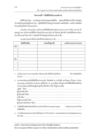 3-20                                                                        เอกสารประกอบการอบรมเชิงปฏิบัติการ
                                     เรื่อง การบูรณาการการเรียนการสอนดานพลังงานระดับประถมศึกษาและมัธยมศึกษา

                                กิจกรรมที่ 1 สิ่งมีชีวตในระบบนิเวศ
                                                      ิ
          สิ่งมีชีวิตสวนใหญ จะอาศัยอยูรวมกันเปนกลุมของสิ่งมีชวิต กลุมของสิ่งมีชีวิตเหลานี้จะอาศัยอยูใน
                                                                       ี
บริเวณที่เปนแหลงที่อยูที่แตกตางกัน กลุมสิ่งมีชีวิตที่อาศัยอยูรวมกันจะมีความสัมพันธกัน และมีความสัมพันธ
กับแหลงที่อยู ซึ่งถือวาเปนระบบนิเวศ
           ระบบนิเวศ ประกอบดวย องคประกอบที่ไมมีชีวิตหรือองคประกอบทางกายภาพ ไดแก แสง ดิน น้ํา
อุณหภูมิ และ องคประกอบที่มชวิต หรือองคประกอบทางชีวภาพ ไดแกคน พืช สัตว และสิ่งมีชีวิตขนาดเล็กๆ
                             ี ี
เชน เฟรน มอส ไลเคน เห็ด รา จุลินทรีย ที่อาศัยอยูรวมกันในระบบนิเวศ นั้น
          ระบบนิเวศธรรมชาติในโรงเรียนที่นักเรียนเลือกสํารวจ คือ………………………………………..
          สิ่งมีชีวิตที่พบ                      แหลงที่อยูอาศัย                 องคประกอบทางกายภาพ
สัตว 1
      2
      3
      4
พืช 1
      2
      3
      4

1. องคประกอบทางกายภาพและชีวภาพในระบบนิเวศที่นักเรียนนักศึกษา มีความสัมพันธกัน
   อยางไร…………………………………………………………………………………………
2. สภาพแวดลอมแหงหนึ่งมีสิ่งมีชีวิตประกอบดวย พืชชนิดตางๆ นกกินพืช นกกินแมลง ตั๊กแตน กระตาย
    หนู แมงมุม แมลงปกแข็ง นกเคาแมว สุนัขจิ้งจอก กบ งู และเสือดาวซึ่งอยูรวมกันไดดีสิ่งมีชีวตชนิดใดใน
                                                                                               ิ
    สภาพแวดลอมแหงนี้จัดเปนผูผลิต ผูบริโภคพืช-สัตว เหยื่อ ทั้งผูลาและเหยื่อ
    ผูผลิต ไดแก ………………………………………………………………………………………………..
   ผูบริโภคพืช ไดแก …………………………………………………………………………………………….
   ผูบริโภคสัตว ไดแก ……………………………………………………………..……………………………..
   เหยื่อ ไดแก …………………………………………………………………..………………………………...
   ทั้งผูลาและเหยื่อ ไดแก ………………………………………………………………………………………..
   ผูยอยสลายอินทรียสาร ไดแก ……………………………………….………………………………………...
3. ถาสิ่งมีชีวิตชนิดใดชนิดหนึ่งในระบบนิเวศเกิดโรคระบาดและตายหมด จะสงผลกระทบอยางไรตอ
   สิ่งมีชวิตอื่น ………………………………….………………………………………………………………...
          ี
4. การเปลี่ยนแปลงของระบบนิเวศอันเนื่องมาจากกิจกรรมตางๆ ของคนจะสงผลกระทบตอสมดุลของระบบ
   นิเวศ คือ ………………………………...…………………………………………………………………….



ตอนที่ 3 : ตัวอยางหนวยการเรียนรู และแผนการจัดการเรียนรูเกี่ยวกับพลังงาน
โครงการอบรมบุคลากรในเรื่องการบูรณาการการเรียนการสอนดานพลังงานระดับประถมศึกษาและมัธยมศึกษา
 