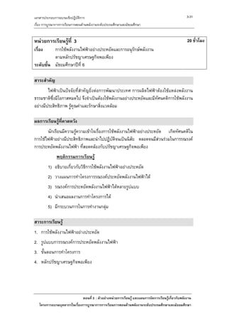 เอกสารประกอบการอบรมเชิงปฏิบัติการ                                                                     3-31
เรื่อง การบูรณาการการเรียนการสอนดานพลังงานระดับประถมศึกษาและมัธยมศึกษา


หนวยการเรียนรูที่ 3                                                                                 20 ชั่วโมง
เรื่อง    การใชพลังงานไฟฟาอยางประหยัดและการอนุรักษพลังงาน
          ตามหลักปรัชญาเศรษฐกิจพอเพียง
ระดับชั้น มัธยมศึกษาปที่ 6

สาระสําคัญ
        ไฟฟาเปนปจจัยที่สําคัญยิ่งตอการพัฒนาประเทศ การผลิตไฟฟาตองใชแหลงพลังงาน
ธรรมชาติซึ่งมีโอกาสหมดไป จึงจําเปนตองใชพลังงานอยางประหยัดและมีทัศนคติการใชพลังงาน
อยางมีประสิทธิภาพ รูคุณคาและรักษาสิ่งแวดลอม

ผลการเรียนรูที่คาดหวัง
       นักเรียนมีความรูความเขาใจเรื่องการใชพลังงานไฟฟาอยางประหยัด เกิดทัศนคติใน
การใชไฟฟาอยางมีประสิทธิภาพและนําไปปฏิบัติจนเปนนิสัย ตลอดจนมีสวนรวมในการรณรงค
                                                                    
การประหยัดพลังงานไฟฟา ที่สอดคลองกับปรัชญาเศรษฐกิจพอเพียง
              พฤติกรรมการเรียนรู
         1) อธิบายเกี่ยวกับวิธีการใชพลังงานไฟฟาอยางประหยัด
         2) วางแผนการทําโครงการรณรงคประหยัดพลังงานไฟฟาได
         3) รณรงคการประหยัดพลังงานไฟฟาไดหลายรูปแบบ
         4) นําเสนอผลงานการทําโครงการได
         5) มีกระบวนการในการทํางานกลุม

สาระการเรียนรู
1. การใชพลังงานไฟฟาอยางประหยัด
2. รูปแบบการรณรงคการประหยัดพลังงานไฟฟา
3. ขั้นตอนการทําโครงการ
4. หลักปรัชญาเศรษฐกิจพอเพียง




                              ตอนที่ 3 : ตัวอยางหนวยการเรียนรู และแผนการจัดการเรียนรูเกี่ยวกับพลังงาน
   โครงการอบรมบุคลากรในเรื่องการบูรณาการการเรียนการสอนดานพลังงานระดับประถมศึกษาและมัธยมศึกษา
 