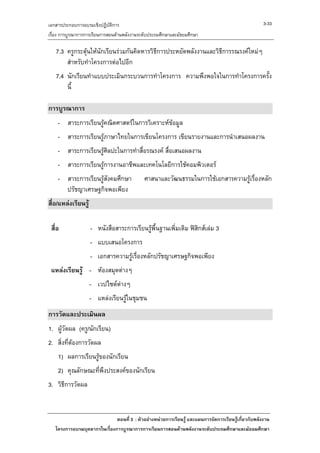 เอกสารประกอบการอบรมเชิงปฏิบัติการ                                                                     3-33
เรื่อง การบูรณาการการเรียนการสอนดานพลังงานระดับประถมศึกษาและมัธยมศึกษา

   7.3 ครูกระตุนใหนักเรียนรวมกันคิดหารวิธีการประหยัดพลังงานและวิธการรณรงคใหมๆ
                                                                  ี
       สําหรับทําโครงการตอไปอีก
   7.4 นักเรียนทําแบบประเมินกระบวนการทําโครงการ ความพึงพอใจในการทําโครงการครั้ง
       นี้

การบูรณาการ
    - สาระการเรียนรูคณิตศาสตรในการวิเคราะหขอมูล
    - สาระการเรียนรูภาษาไทยในการเขียนโครงการ เขียนรายงานและการนําเสนอผลงาน
    - สาระการเรียนรูศิลปะในการทําสื่อรณรงค สื่อเสนอผลงาน
    - สาระการเรียนรูการงานอาชีพและเทคโนโลยีการใชคอมพิวเตอร
    - สาระการเรียนรูสังคมศึกษา              ศาสนาและวัฒนธรรมในการใชเอกสารความรูเรื่องหลัก
      ปรัชญาเศรษฐกิจพอเพียง
สื่อ/แหลงเรียนรู

 สื่อ                - หนังสือสาระการเรียนรูพื้นฐานเพิ่มเติม ฟสิกสเลม 3
                     - แบบเสนอโครงการ
                     - เอกสารความรูเรื่องหลักปรัชญาเศรษฐกิจพอเพียง
 แหลงเรียนรู - หองสมุดตางๆ
                     - เวปไซตตางๆ
                     - แหลงเรียนรูในชุมชน
การวัดและประเมินผล
1. ผูวัดผล (ครู/นักเรียน)
2. สิ่งที่ตองการวัดผล
    1) ผลการเรียนรูของนักเรียน
                   
    2) คุณลักษณะทีพึงประสงคของนักเรียน
                  ่
3. วิธีการวัดผล


                              ตอนที่ 3 : ตัวอยางหนวยการเรียนรู และแผนการจัดการเรียนรูเกี่ยวกับพลังงาน
   โครงการอบรมบุคลากรในเรื่องการบูรณาการการเรียนการสอนดานพลังงานระดับประถมศึกษาและมัธยมศึกษา
 