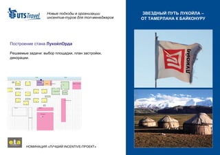 Новые подходы в организации инсентив-туров для топ-менеджеров НОМИНАЦИЯ «ЛУЧШИЙ  INCENTIVE -ПРОЕКТ»  ЗВЕЗДНЫЙ ПУТЬ ЛУКОЙЛА – ОТ ТАМЕРЛАНА К БАЙКОНУРУ Построение стана  ЛукойлОрда   Решаемые задачи: выбор площадки, план застройки, декорации. 