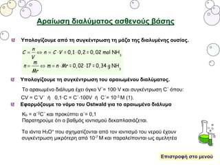 Κb = α΄2C΄ και προκύπτει α΄= 0,1
Παρατηρούμε ότι ο βαθμός ιοντισμού δεκαπλασιάζεται.
Το αραιωμένο διάλυμα έχει όγκο V΄= 100·V και συγκέντρωση C΄ όπου:
CV = C΄V΄ ή 0,1·C = C΄⋅100V ή C΄= 10-3 Μ (1).
Αραίωση διαλύματος ασθενούς βάσης
Υπολογίζουμε από τη συγκέντρωση τη μάζα της διαλυμένης ουσίας.
Υπολογίζουμε τη συγκέντρωση του αραιωμένου διαλύματος.
Εφαρμόζουμε το νόμο του Ostwald για το αραιωμένο διάλυμα
Τα ιόντα Η3Ο+ που σχηματίζονται από τον ιοντισμό του νερού έχουν
συγκέντρωση μικρότερη από 10-7 Μ και παραλείπονται ως αμελητέα
Επιστροφή στο μενού
 