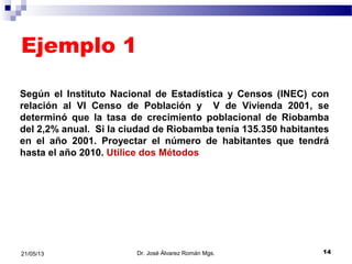 Ejemplo 1
Dr. José Álvarez Román Mgs. 1421/05/13
Según el Instituto Nacional de Estadística y Censos (INEC) con
relación al VI Censo de Población y V de Vivienda 2001, se
determinó que la tasa de crecimiento poblacional de Riobamba
del 2,2% anual. Si la ciudad de Riobamba tenía 135.350 habitantes
en el año 2001. Proyectar el número de habitantes que tendrá
hasta el año 2010. Utilice dos Métodos
 
