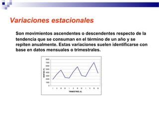Variaciones estacionales
Son movimientos ascendentes o descendentes respecto de la
tendencia que se consuman en el término de un año y se
repiten anualmente. Estas variaciones suelen identificarse con
base en datos mensuales o trimestrales.
0
1000
2000
3000
4000
5000
6000
7000
8000
I II III IV I II III IV I II III IV
TRIMESTRES (X)
VENTAS(Y)
 