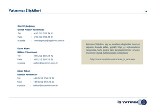 Yatırımcı İlişkileri                                                                                                   24




     Mert Erdoğmuş
     Genel Müdür Yardımcısı
     Tel               : +90 212 350 24 12
     Faks              : +90 212 350 20 01
     e-posta           :    merdogmus@isyatirim.com.tr
                                                         Yatırımcı İlişkileri, pay ve menfaat sahiplerine ticari sır
                                                         kapsamı dışında kalan, gerekli bilgi ve açıklamaların
     Ozan Altan
                                                         zamanında, hızlı, doğru, tam, karşılaştırılabilir ve kolay
     Bölüm Yönetmeni                                     erişilebilir olarak iletilmesinden sorumludur
     Tel           :       +90 212 350 28 72
     Faks          :       +90 212 350 20 01                  http://www.isyatirim.com.tr/wwa_ir_new.aspx
     e-posta       :       oaltan@isyatirim.com.tr



     Alper Alkan
     Uzman Yardımcısı
     Tel           :       +90 0212 350 25 22
     Faks          :       +90 0212 350 20 01
     e-posta       :       aalkan@isyatirim.com.tr
 