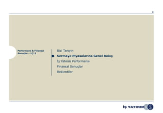 3




Performans & Finansal   Bizi Tanıyın
Sonuçlar - 1Ç11
                        Sermaye Piyasalarına Genel Bakış
                        İş Yatırım Performansı
                        Finansal Sonuçlar
                        Beklentiler
 