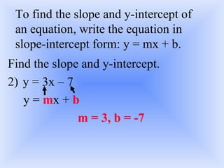 To find the slope and y-intercept of an equation, write the equation in slope-intercept form: y = mx + b. Find the slope and y-intercept. y = 3x – 7 y =  m x +  b m = 3, b = -7 