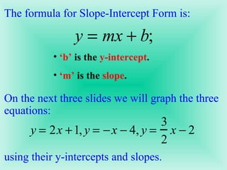 The formula for Slope-Intercept Form is:  ‘ b’  is the  y-intercept .  ‘ m’  is the  slope . On the next three slides we will graph the three equations:  using their y-intercepts and slopes. 