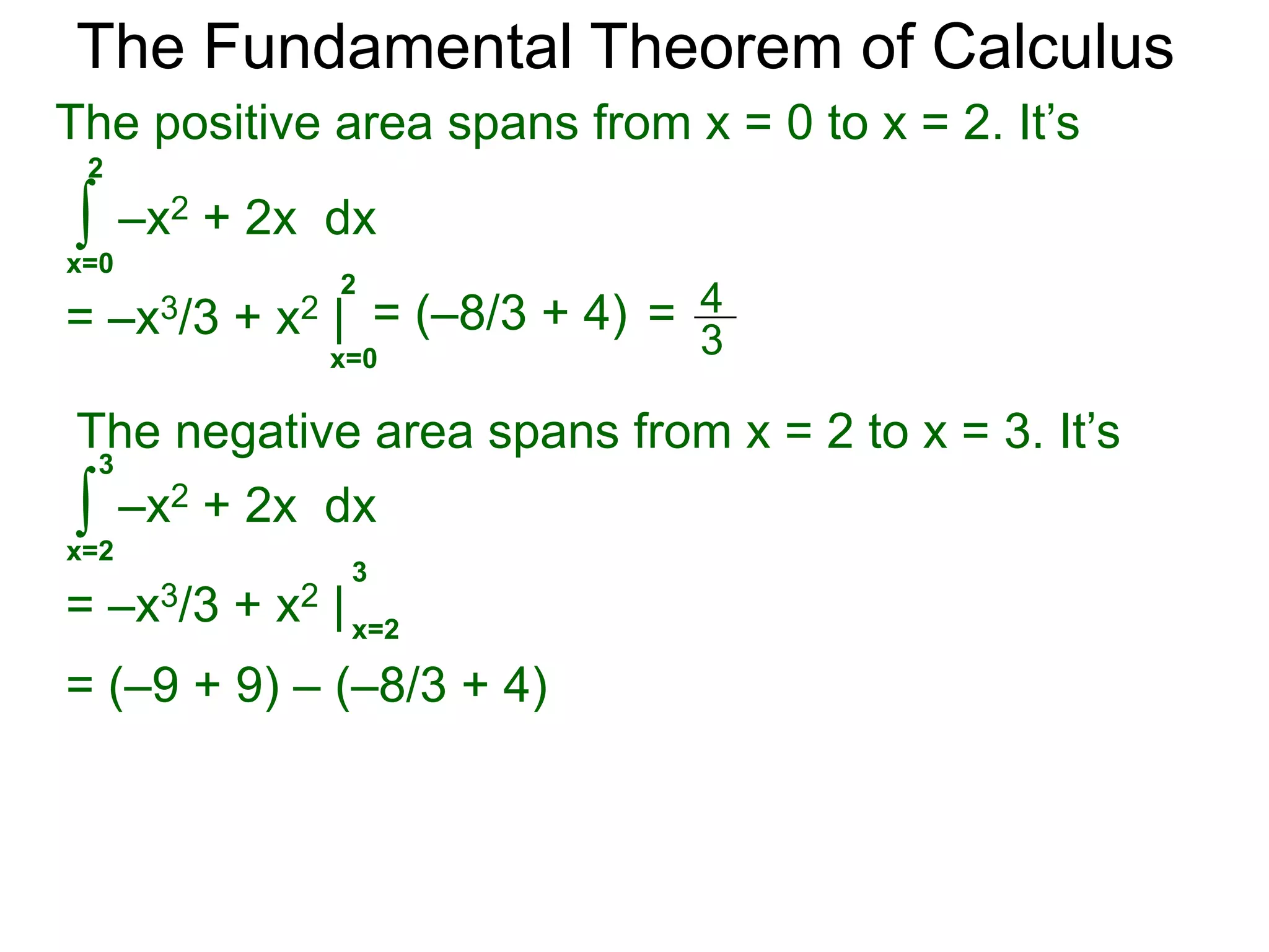 The Fundamental Theorem of Calculus 
Example D. 
a. Find the signed area bounded by y = –x2 + 2x and 
the x-axis from x = 0 to x = 3. 
The signed area is 
3 
∫ 
–x2 + 2x dx 
x=0 
3 
= –x3/3 + x2 | x=0 
= (–9 + 9) – 0 = 0 
1 
0 2 x 
y 
3 
y = –x2 + 2x 
 