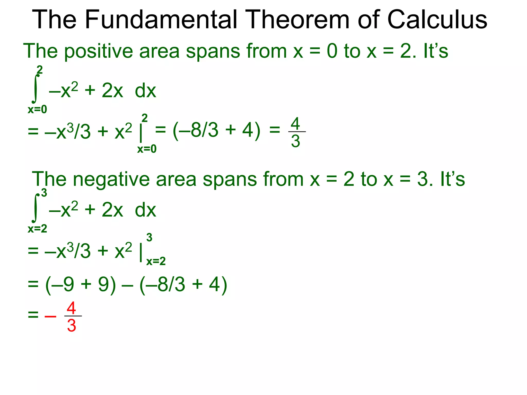 The Fundamental Theorem of Calculus 
Example D. 
a. Find the signed area bounded by y = –x2 + 2x and 
the x-axis from x = 0 to x = 3. 
The signed area is 
3 
∫ 
–x2 + 2x dx 
x=0 
3 
= –x3/3 + x2 | x=0 
= (–9 + 9) – 0 = 0 
1 
0 2 x 
y 
3 
y = –x2 + 2x 
b. Find the (real) area bounded by y = –x2 + 2x and 
the x-axis from x = 0 to x = 3. 
 